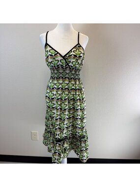 Bisou Bisou Green & Brown Floral Midi Dress Adjustable Straps & Ruffled Hemline